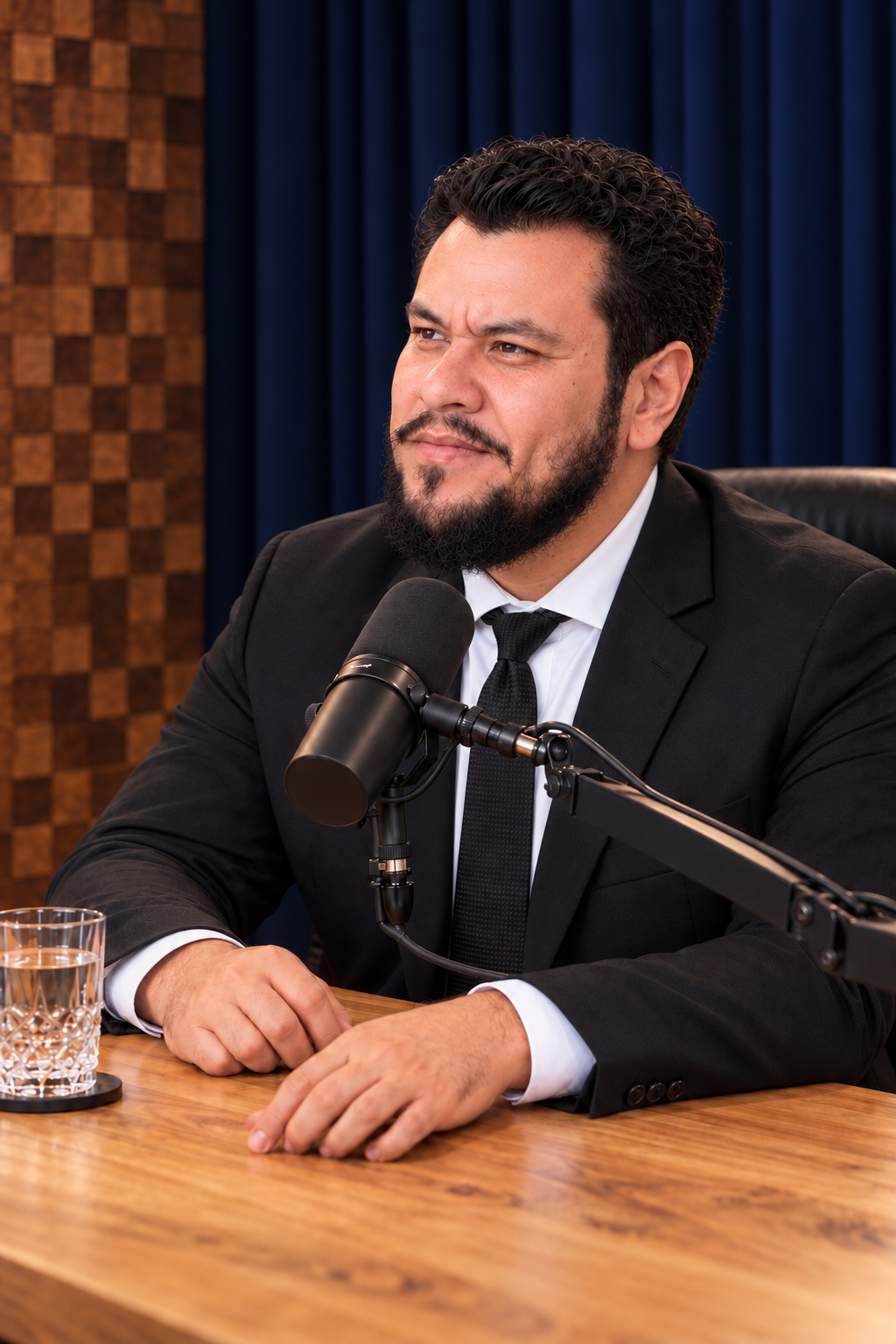 Portrait of Kin Levi seated in a podcast studio