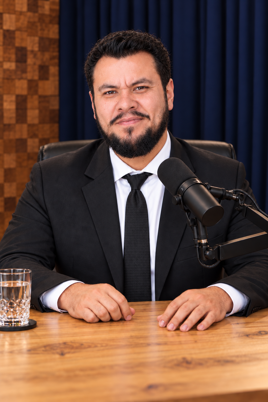 Portrait of Kin Levi seated in a podcast studio