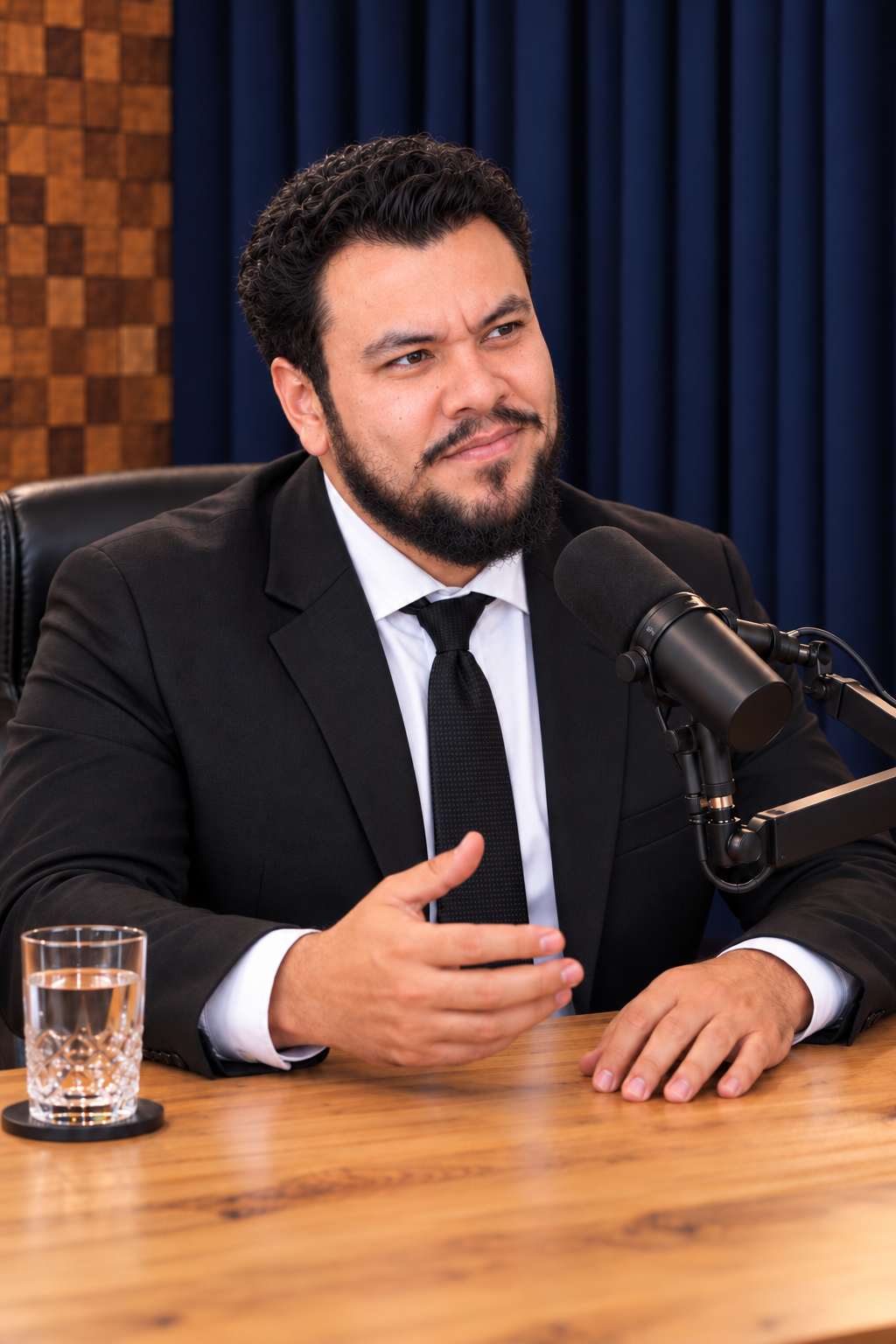 Portrait of Kin Levi seated in a podcast studio