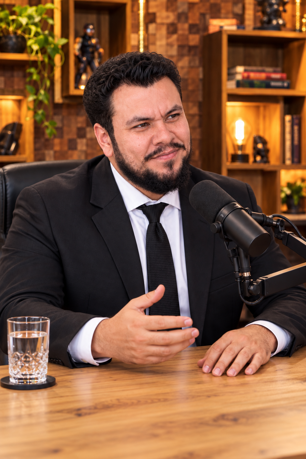 Portrait of Kin Levi seated in a podcast studio