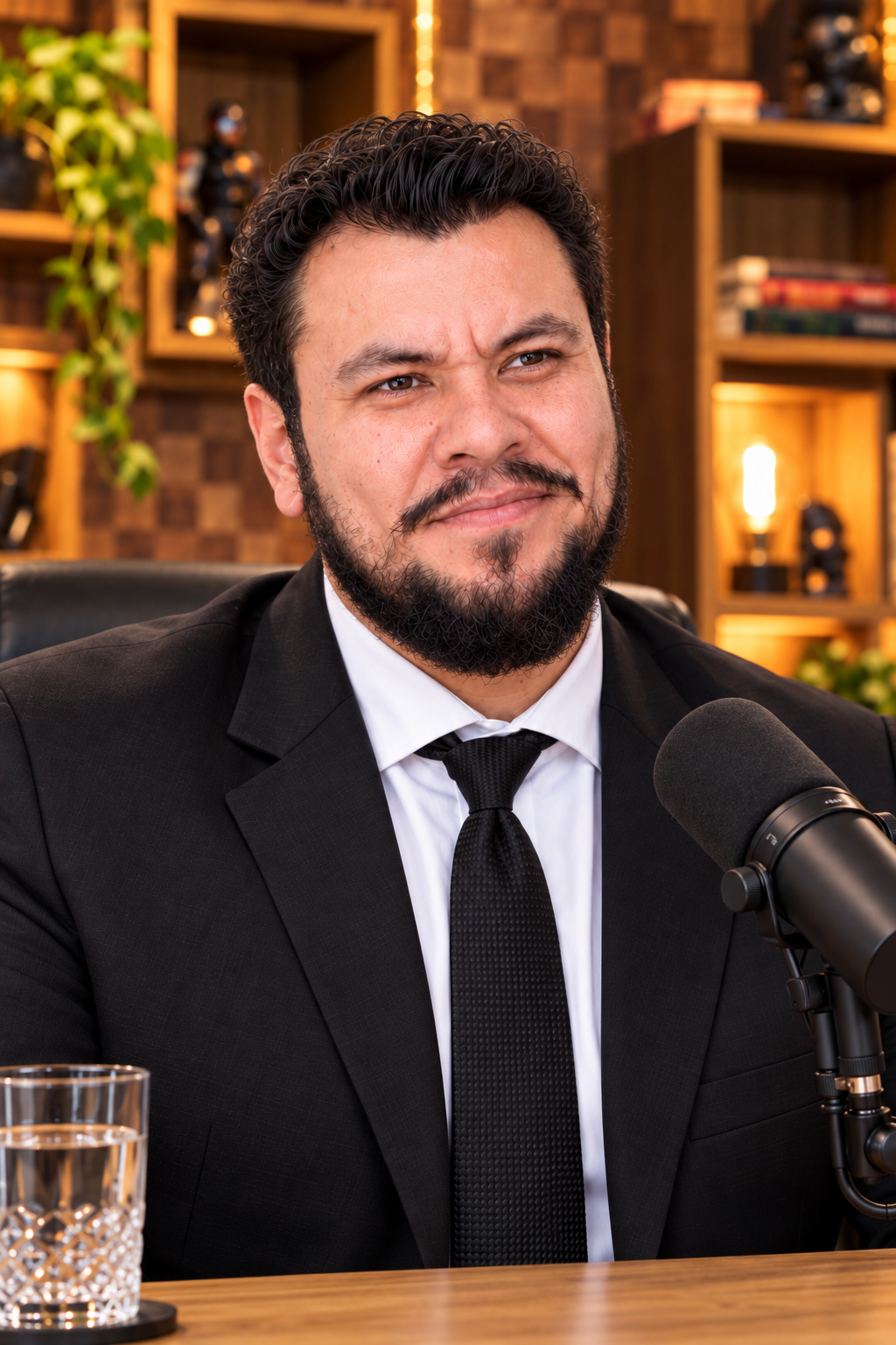 Portrait of Kin Levi seated in a podcast studio
